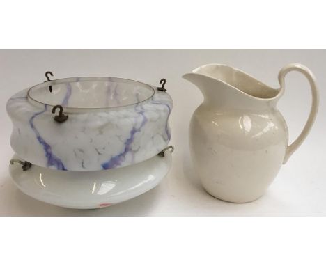 A large porcelain wash jug together with a milk glass vintage lamp shade and one other 