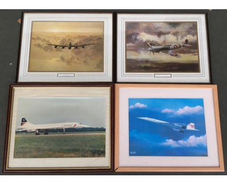 Aviation interest: two prints of British Airways jets, a print of two Spitfires in flight, and a pair of prints 'Spitfire IX'