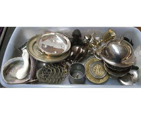 A mixed lot to include various metal items, toast rack, goblet, dishes etc, and some shells 