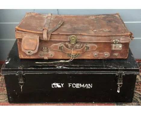 A metal travel trunk with side handles painted black, 57x90x32cm, together with a vintage leather travel case (2) 