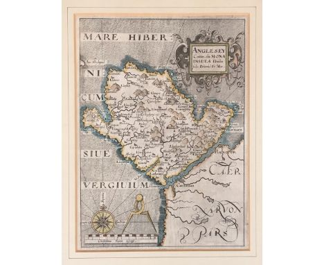 Christopher Saxton, coloured antique map of 'Anglesey' with cartouche, compass and scale, from the 1637 edition of Camden's B