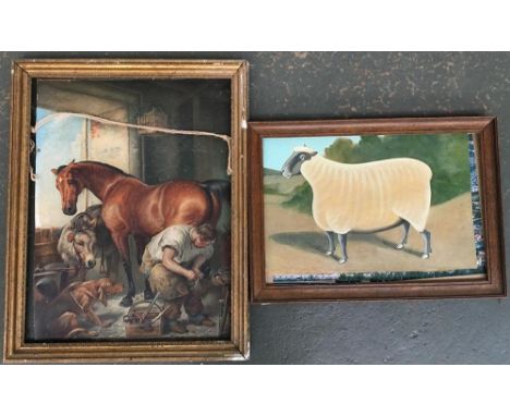 Animal interest: portrait of a sheep, oil on board, 33x48cm, together with a print of farrier, horse, donkey, and dog in forg