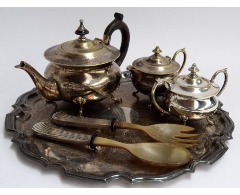 A vintage elegant silver-plated teapot, jug, and sugar bowl, silver plated tray, and horn salad serving set with white metal 