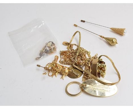 Mixed lot of 9ct, rolled gold and gold coloured jewellery to include necklaces, bracelets, stick pins, brooch , rings and pen