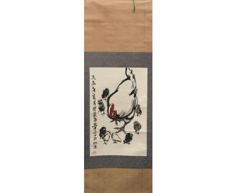 A 20th century Chinese scroll depicting a hen and her chicks, 145x52cm 