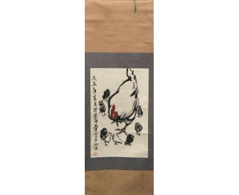 A 20th century Chinese scroll depicting a hen and her chicks, 145x52cm 