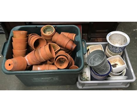 A large quantity of terracotta plant pots, together with a box of mixed ceramic planters 