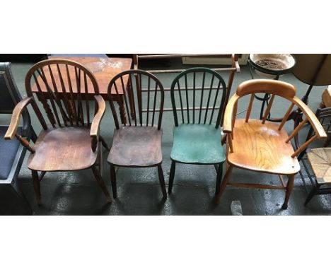 Four good vintage kitchen chairs: a stick back elbow chair, two without arms (one painted green) and an early 20th century sm