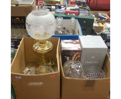 Three boxes of miscellaneous items, to include various modern ships in bottles, bi-plane in bottle, modern lamp etc