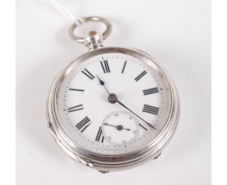 A Gents nickel cased open faced pocket watch, with white enamel dial, black Roman numerals, hands and subsidiary seconds, the