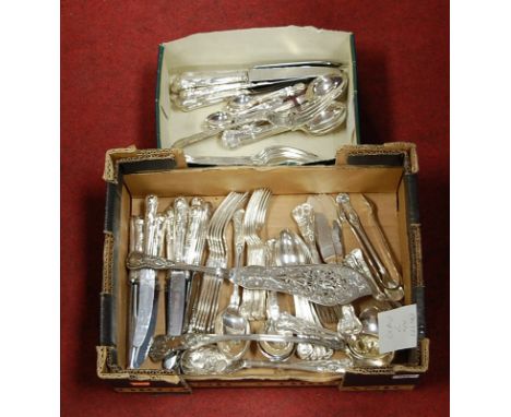 Assorted EPNS flatware in the Kings pattern, to include cake slice and soup ladle