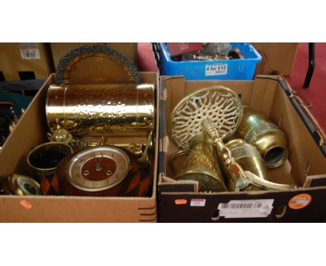 Two boxes of miscellaneous items, to include pair of brass vases, oak cased mantel clock, modern barometer, copper warming pa