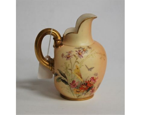 A late Victorian Royal Worcester blush ivory flatback jug having shot enamel decoration, puce mark verso, shape No. 1094, reg