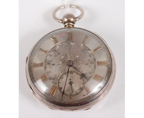 A Victorian Gents silver cased and open faced pocket watch, having engine turned silver dial with raised yellow metal Roman n