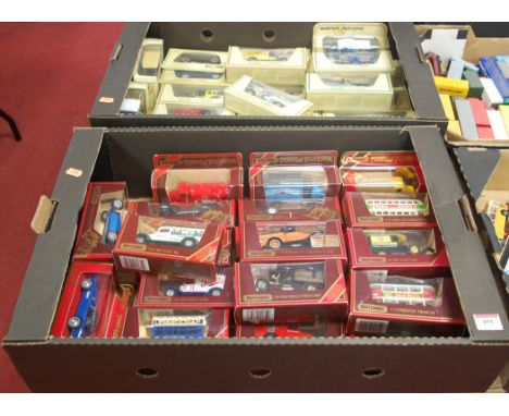 Two boxes of modern issue diecast toy vehicles, to include Matchbox Models of Yesteryear 1930 Model A Ford wreck truck, 1927 