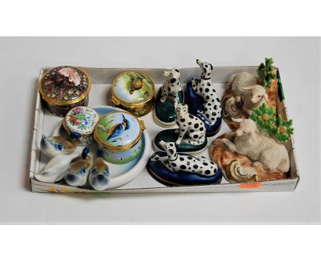 Assorted bone china ornaments, to include dalmations; together with Worcester and other patch boxes etc