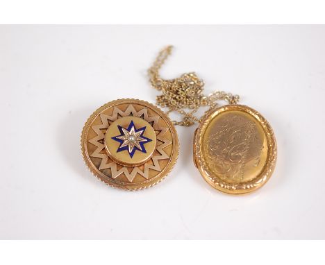 A 9ct gold front and back engraved oval picture locket, on gilt metal finelink neck chain; together with a late Victorian yel