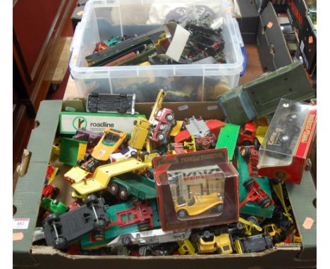 Two boxes of mainly loose and playworn diecast toy vehicles, to include Corgi Toys Jeep FC 150, Matchbox Superkings racing ca