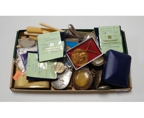 A box of miscellaneous items to include early 20th century continental silver cased ladies fob watch having enamel dial with 