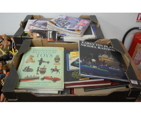 Four boxes of various books, to include early tinplate model railway, British trains catalogue, 20th century toys etc