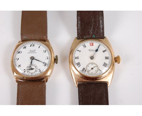 A Waltham gent's 9ct gold cased wristwatch, having manual wind movement (dial with hairlines), 31mm; together with a Tissot 9