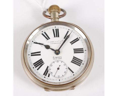 A gent's nickel cased oversize fob watch, the white enamel dial having subsidiary seconds dial, signed by the retailer Munsey