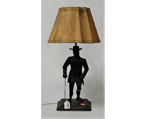 A mid 20th century painted iron figural table lamp, the base in the form of a man in standing pose with cane in hand, with sh