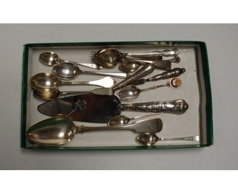 An Art Nouveau silver mustard spoon having a shaped bowl and enamelled cloverleaf terminal by William Hair Haseler, together 