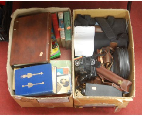A box of miscellaneous cameras and accessories, to include Polaroid land camera Supercolour Swinger No.3, a Prinz Corvette No