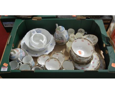 A box of miscellaneous china, to include Royal Worcester Rowan Oak pattern coffee cans and saucers, Crown Staffordshire part 