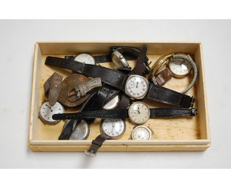 A gents silver cased wristwatch having an enamel dial with luminous Arabic numerals and subsidiary seconds dial on a leather 