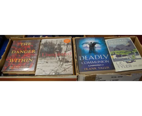 Two boxes of modern first editions, mainly author signed, to include P.D. James, Andrew Motion, Robert Harris etc