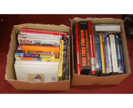 Two boxes of miscellaneous mainly hardback books, to include Ride Free Forever - The Legend of Harley Davidson, Two Fat Ladie