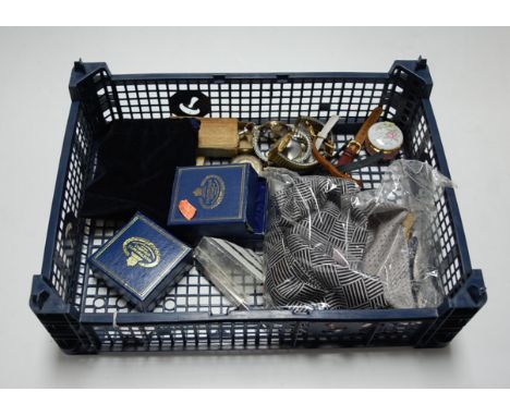 A box of miscellaneous items to include Halcyon Days enamelled egg, trinket jar, various silks, letter opener etc