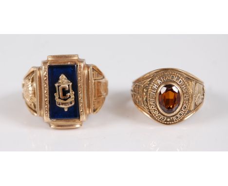 An American 10ct gold and semi-precious set signet ring, for General H. H. Arnold High School, size O; and a 10ct gold and bl