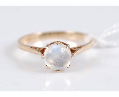 A 9ct gold moonstone ring, the round moonstone cabochon, approx. 6.4mm diameter, claw mounted to a plain band hallmarked Birm