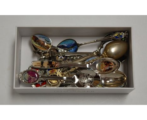 A continental silver souvenir spoon, the bowl enamel decorated with a mountain lake scene, together with various other mainly