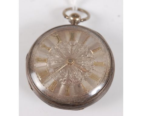 An early Victorian gent's silver open faced pocket watch, having engraved silver dial and engine turned back cover, the chain