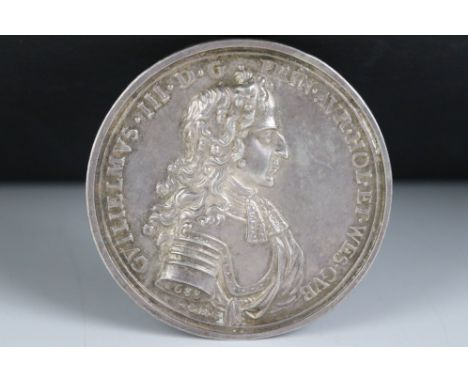 A William III medallion, William of Orange Landing at Torbay, 1688, struck Silver Medal by George Bower, bust of William righ