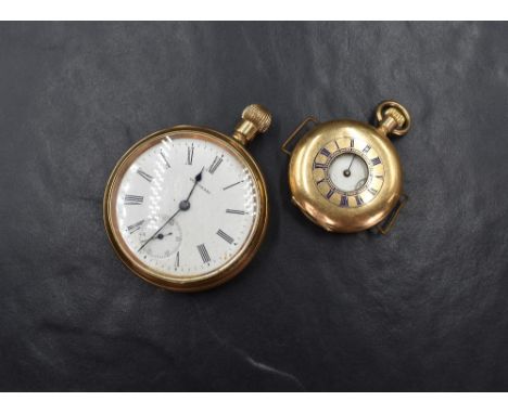 A Waltham 14ct gold plated open face top wound pocket watch, the white dial having Roman numerals, with worn engine turned de