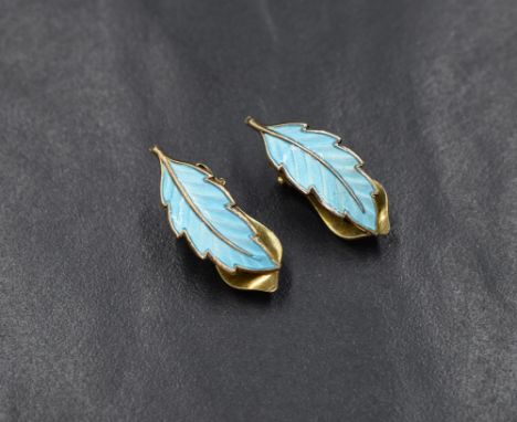 A pair of Bernard Meldahl Norwegian silver and enamel clip-on earrings, the leaf motif earrings having blue enamel, marked 92
