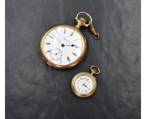 A gold plated American top wound pocket watch by E Howard of Boston having Roman numeral dial with subsidiary seconds and out