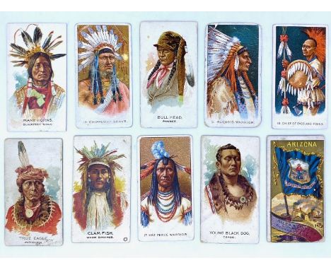 Collection of Native American themed cigarette cards, including Allen & Ginter, Celebrated American Indian Chiefs, five cards