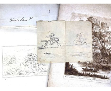 Original ink sketch after Claude Lorrain, in two parts, two sepia copper-engravings by Claude Lorrain, published by John Boyd