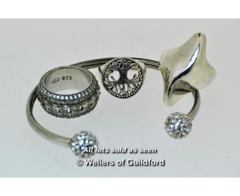 *Three Silver Rings Stamped 925 And A Bangle With Crystal Ball Ends Stamped 925, Gross Weight 29.1 Grams [210-17/02]