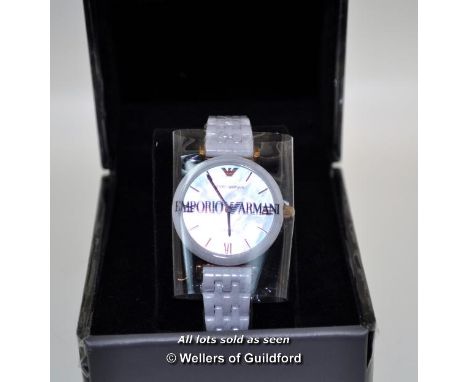 *Ladies' Emporio Armani AR1486 Wristwatch, Circular Mother Of Pearl Dial, White Ceramic Strap, Boxed [LQD 117]