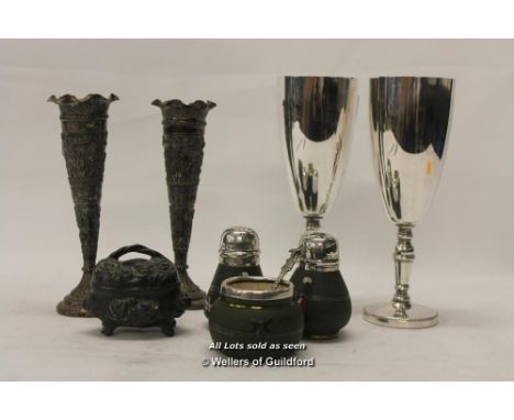 A pair of white metal trumpet shaped vases; a pottery condiment set with silver mounts; a pair of plated goblets; metal patch