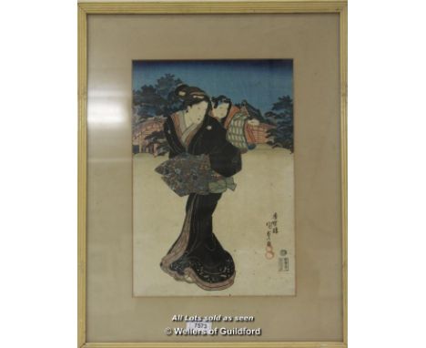 Utagawa Kunisada, Japanese Woodblock Print, Woman With A Child On Her Back, Signed, 37 X 25cm.