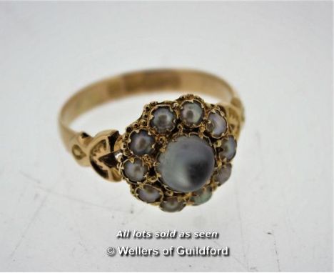 *Antique Moonstone Ring, Cabachon Cut Moonstone With A Surround Of Seed Pearls, Mounted In 15ct Yellow Gold, Gross Weight 2.9