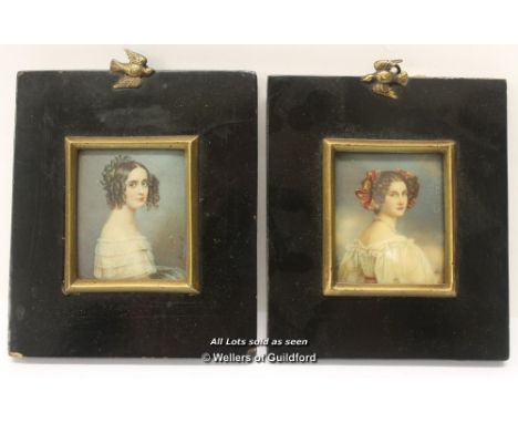 Two portrait miniatures on ivory, one of a woman wearing a pearl necklace, signed Aubry, the other of a woman with ringlets, 